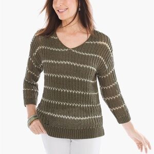 CHICOS Striped Charlotte Pullover Open Knit Sweater